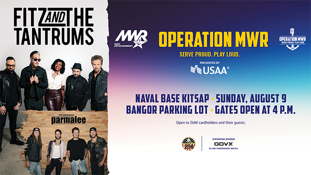 Promotional graphic showcasing the bands Fitz and the Tantrums and Parmalee as performance artists for an event titled Operation MWR. MWR, USAA, Operation MWR and America 250 logos appear in various locations.
